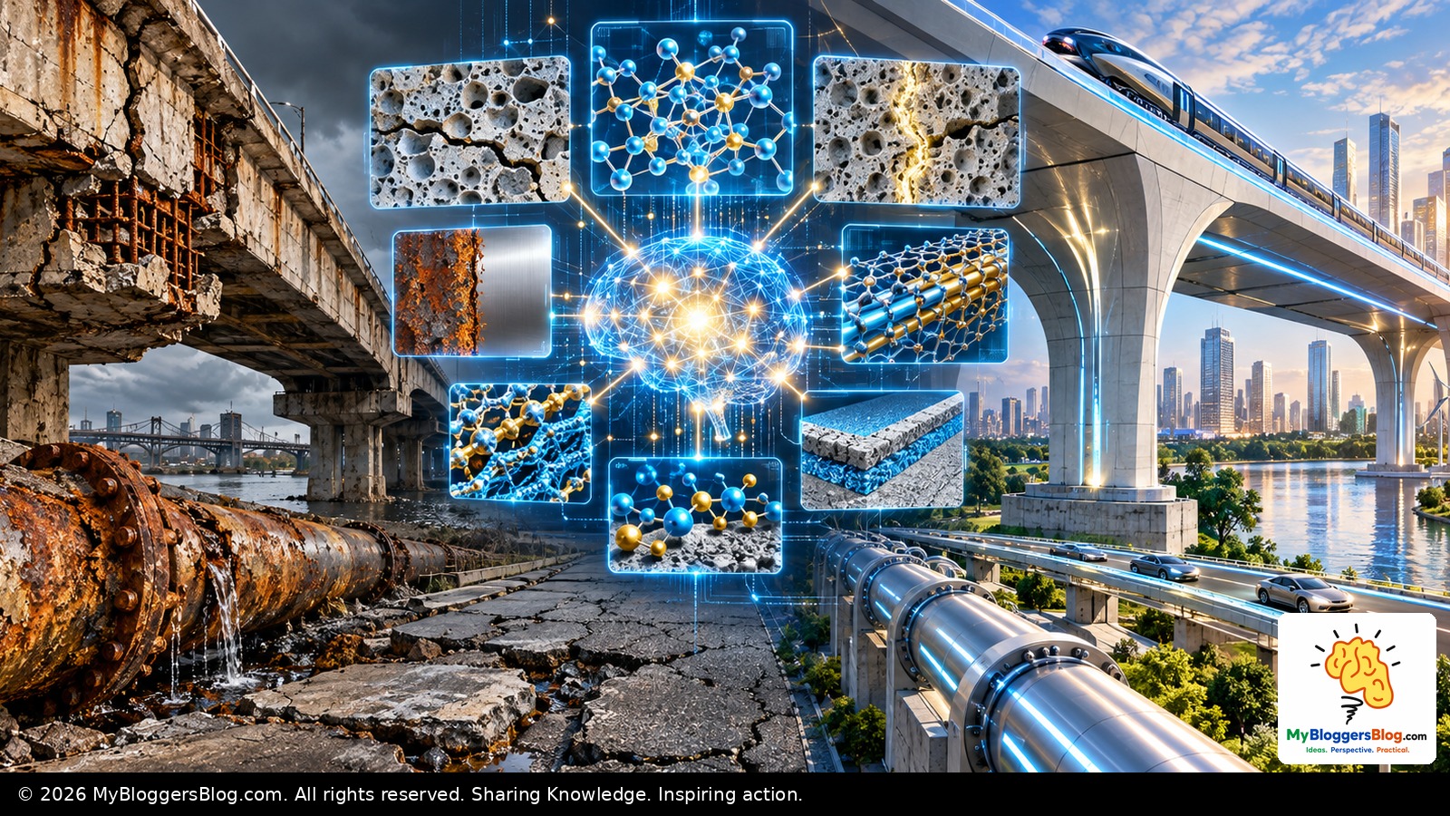 AI materials science transforming corroded and cracked infrastructure into resilient bridges, transit and self-healing structures