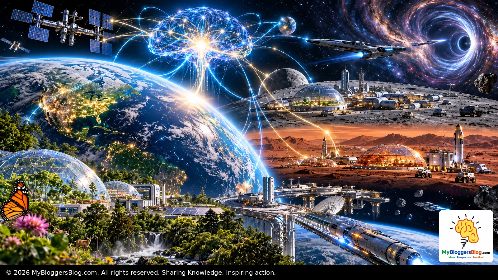 AI connecting Earth, lunar settlements, Mars exploration, spacecraft, radiation resilience and frontier physics