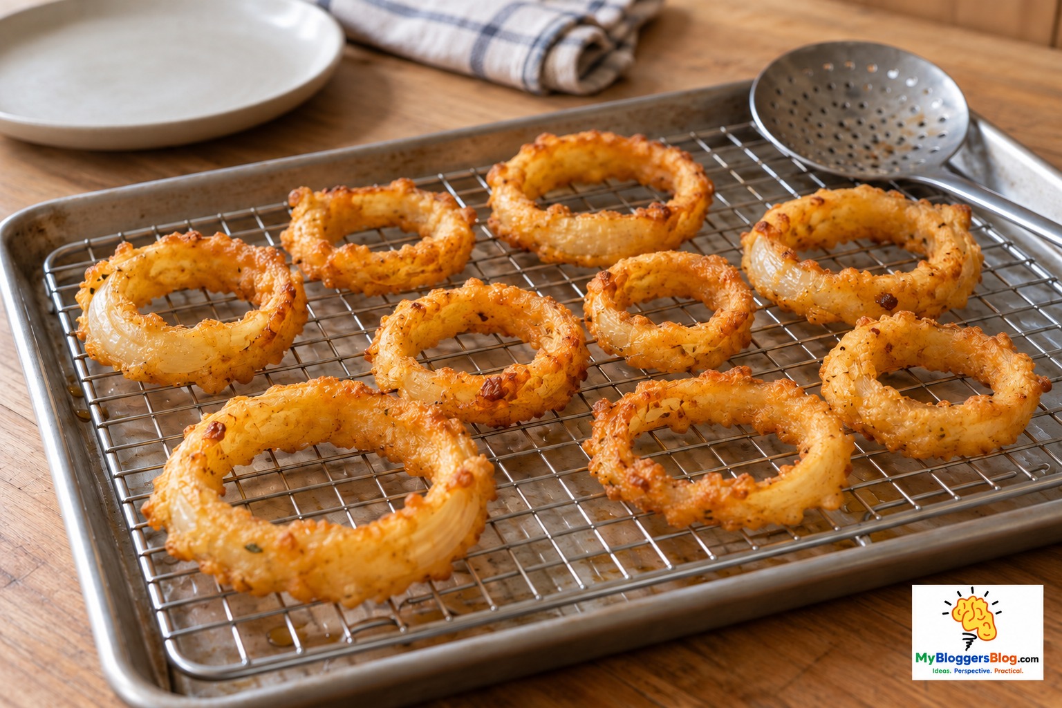 Golden besan onion rings draining on a wire rack over a tray, with the MBB logo embedded in the image.