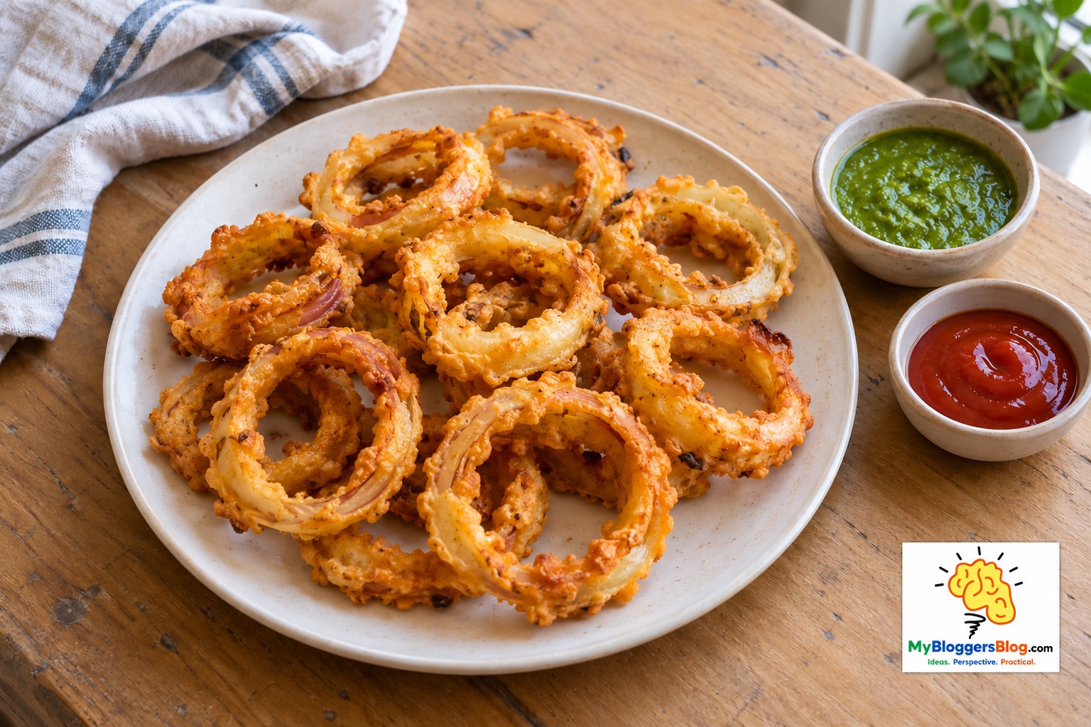 Golden besan onion rings served with green chutney and ketchup, with the MBB logo embedded in the image.