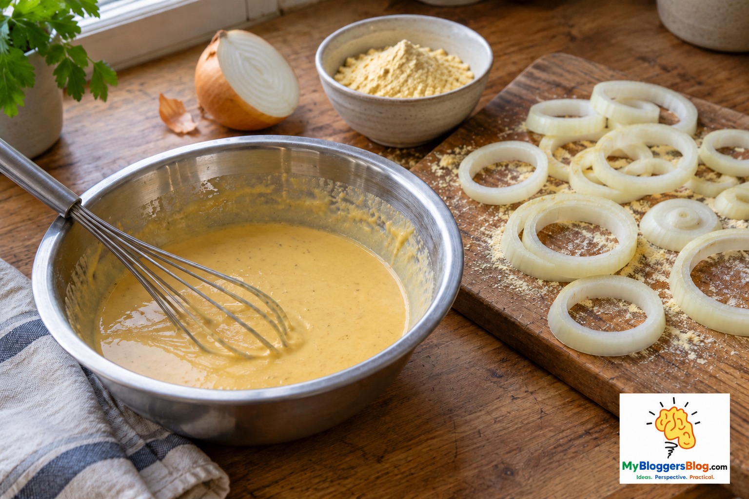 Raw onion rings, chickpea flour, and besan batter on a kitchen counter, with the MBB logo embedded in the image.