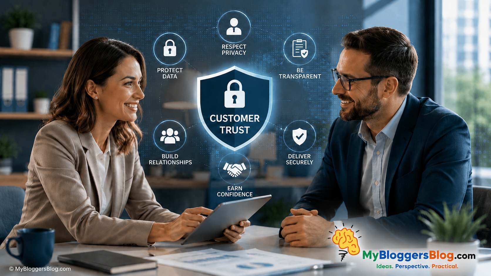 Business privacy protection and customer trust represented through secure customer data and responsible information handling