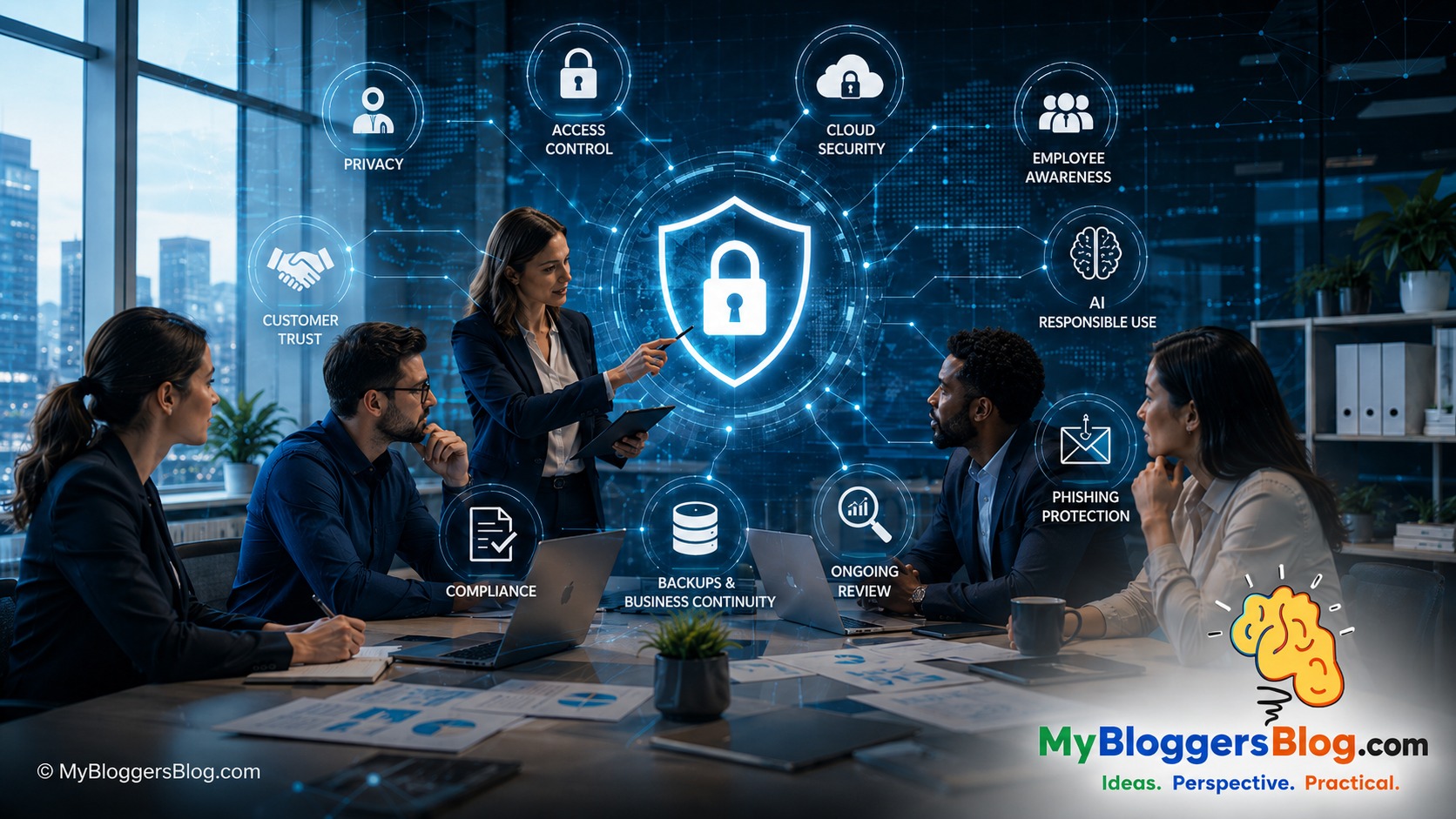 Business professionals reviewing secure cloud data, access controls, and privacy protection