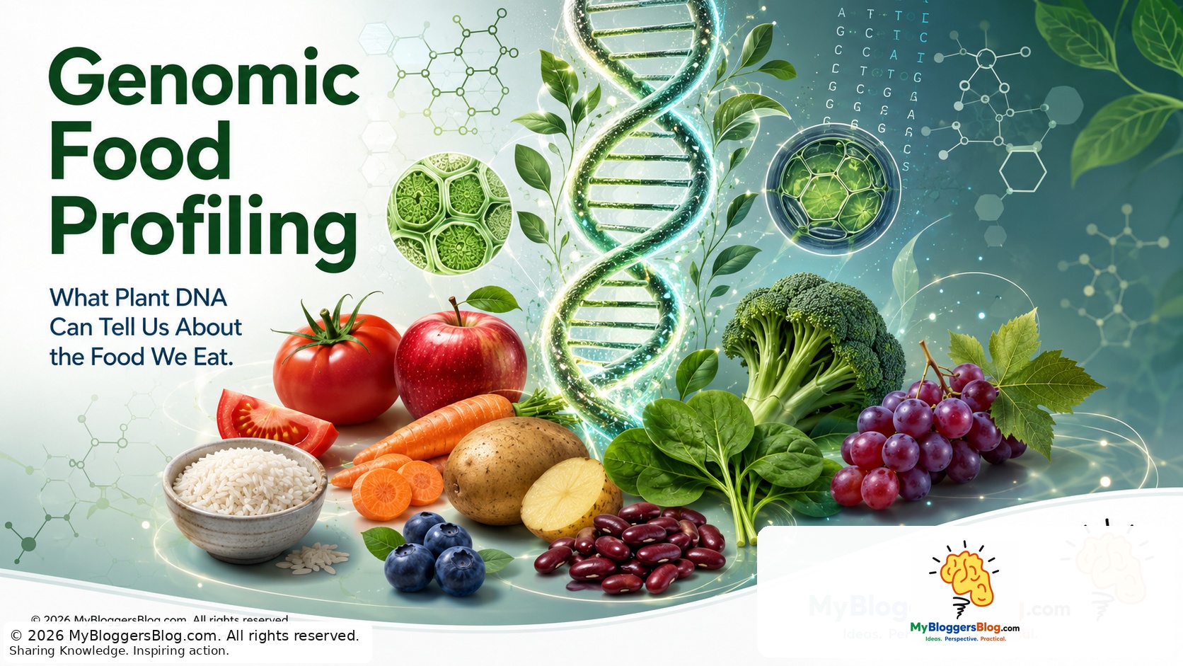 DNA helix connecting familiar edible plants in a Genomic Food Profiling concept illustration