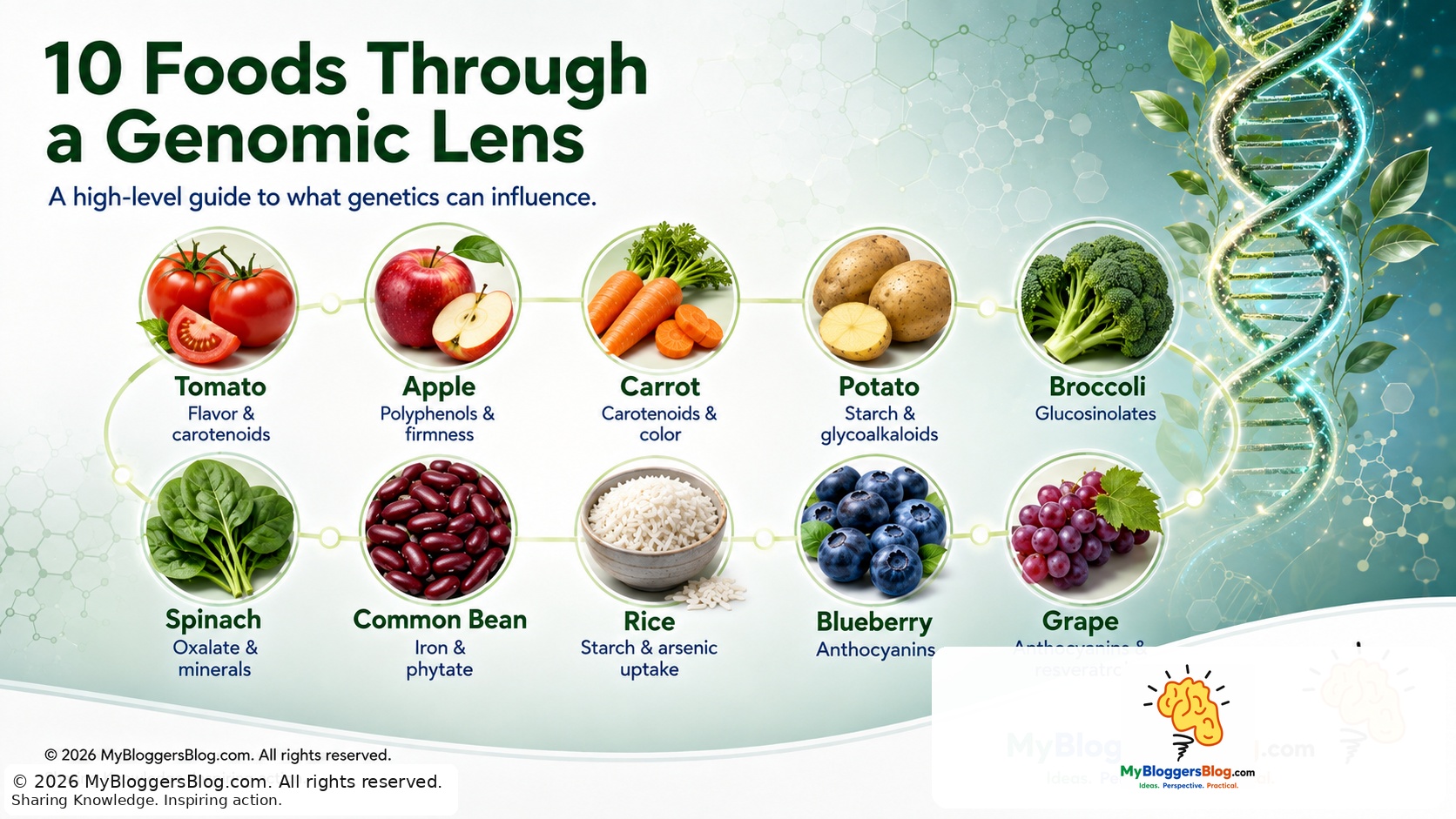 Ten familiar foods with examples of genetically influenced traits studied in crop genomics