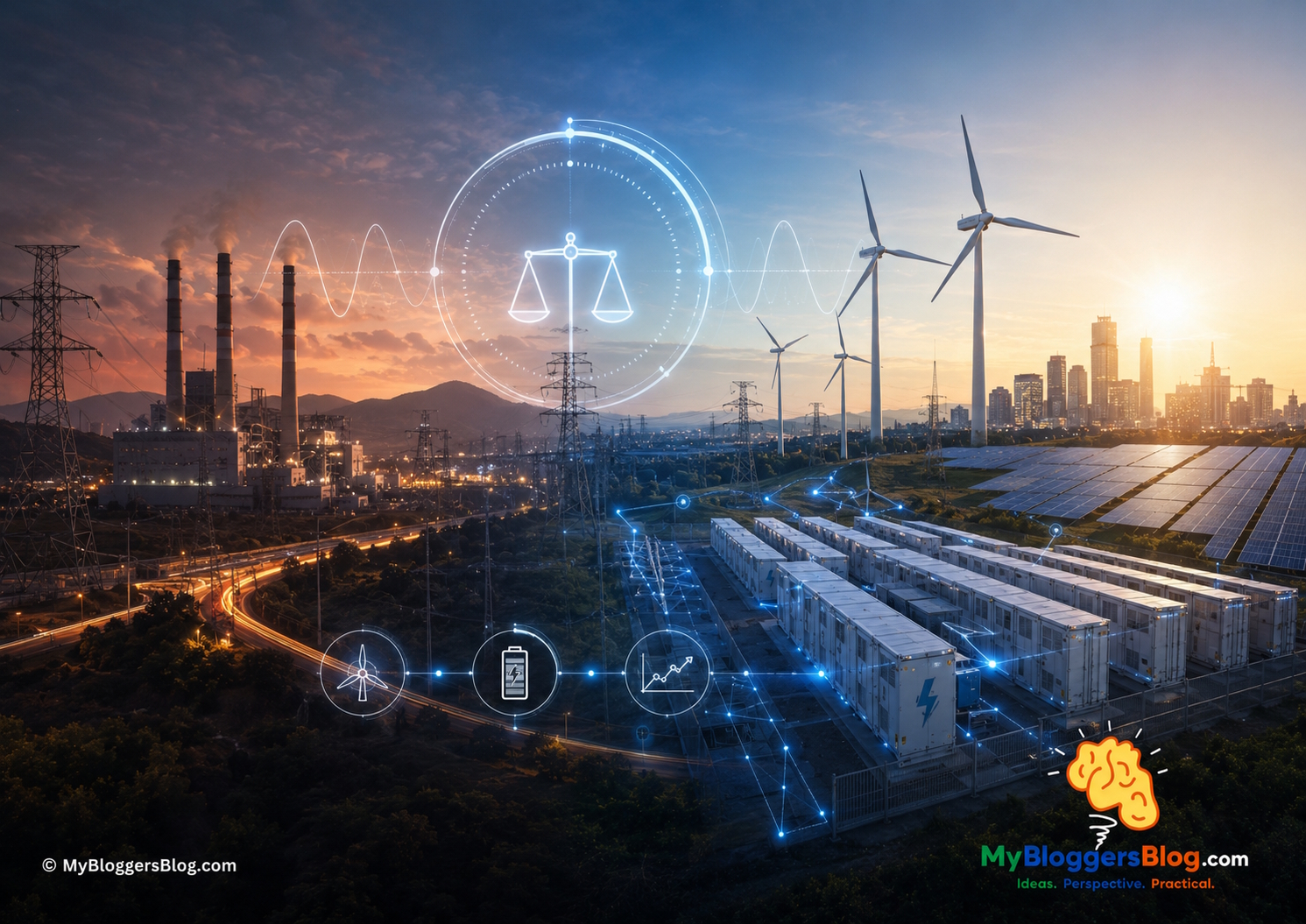 Before and after batteries, how the grid stays balanced hero image illustrating modern grid scale battery infrastructure and intelligent energy systems