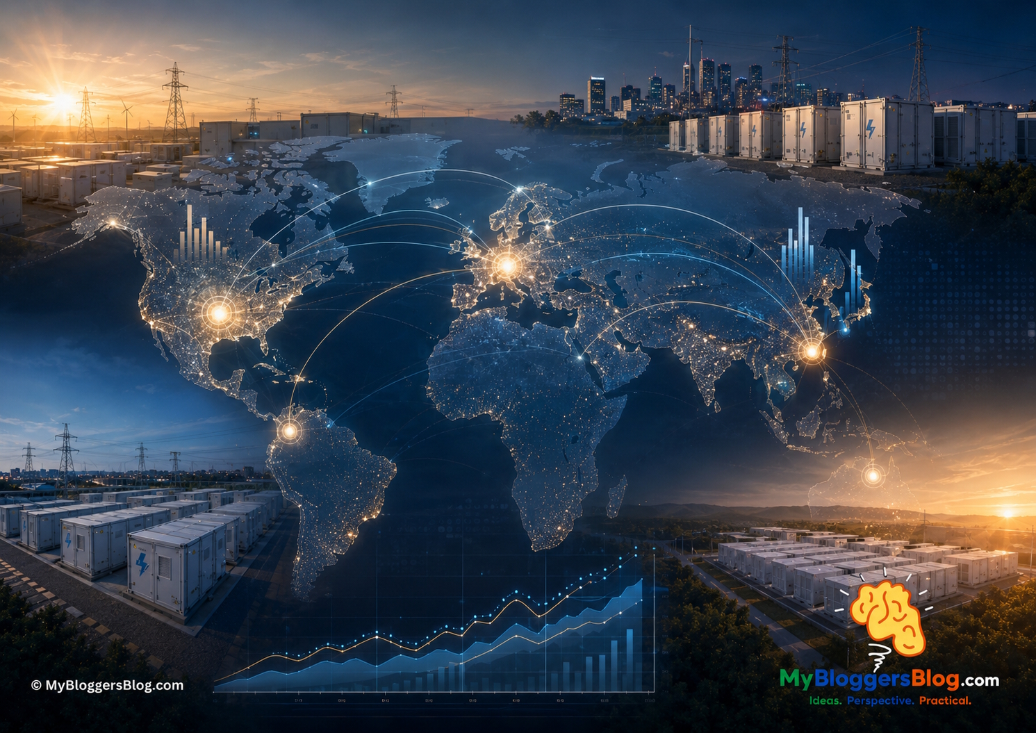 The numbers, leaders, and real projects hero image illustrating modern grid scale battery infrastructure and intelligent energy systems