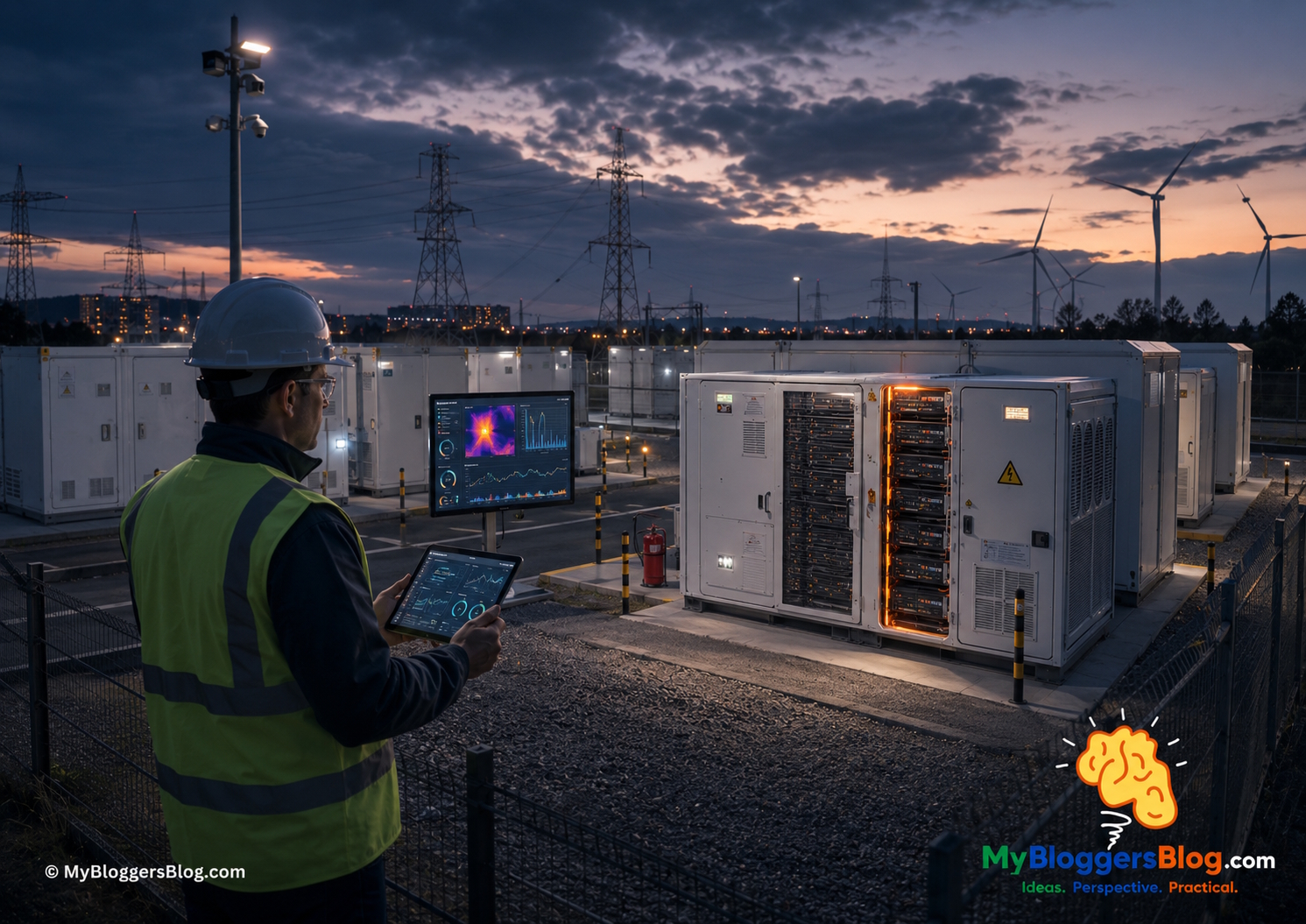 Pros, cons, risks, myths, and limits hero image illustrating modern grid scale battery infrastructure and intelligent energy systems