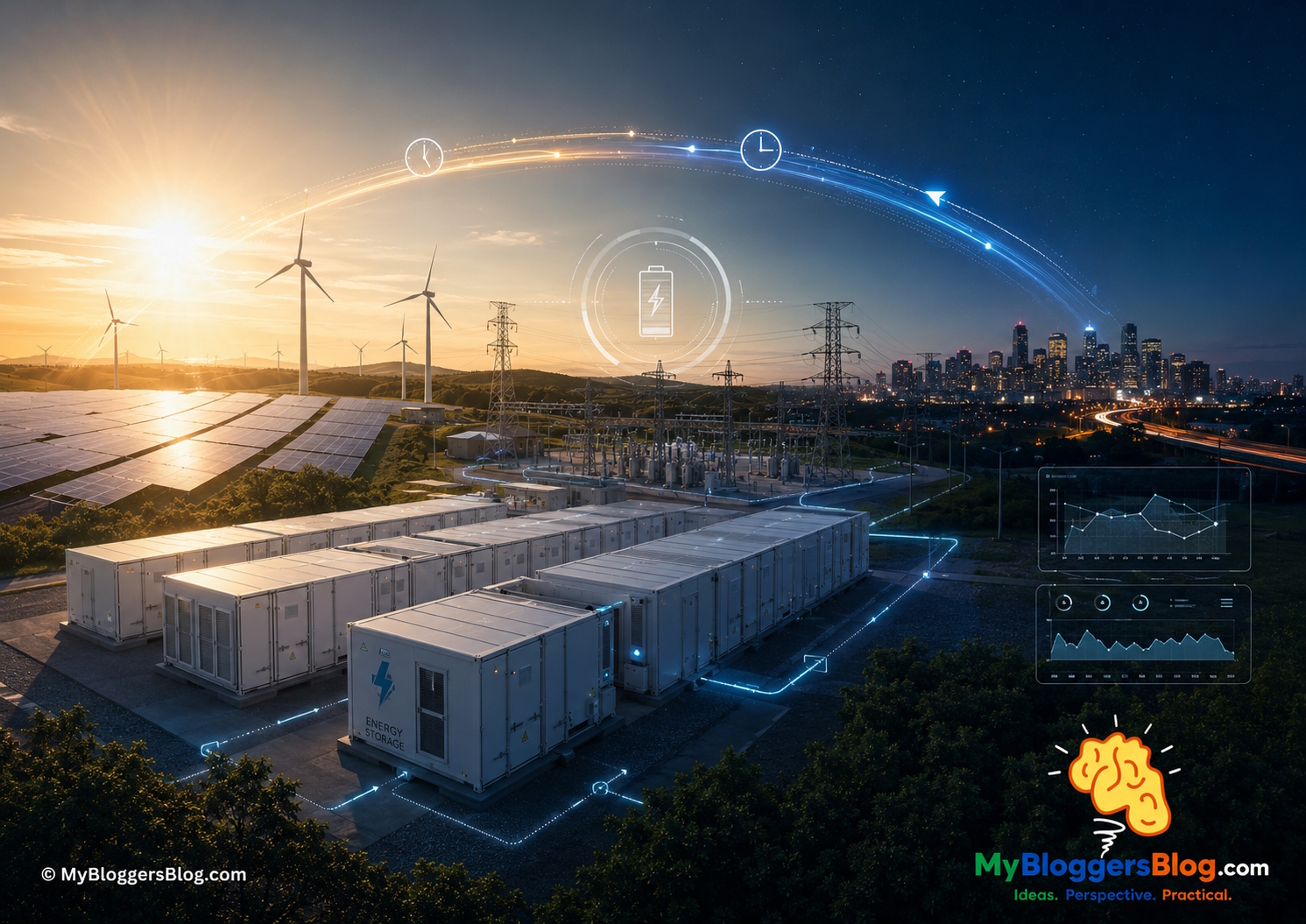 Grid scale batteries 101, the grid’s time machine hero image illustrating modern grid scale battery infrastructure and intelligent energy systems