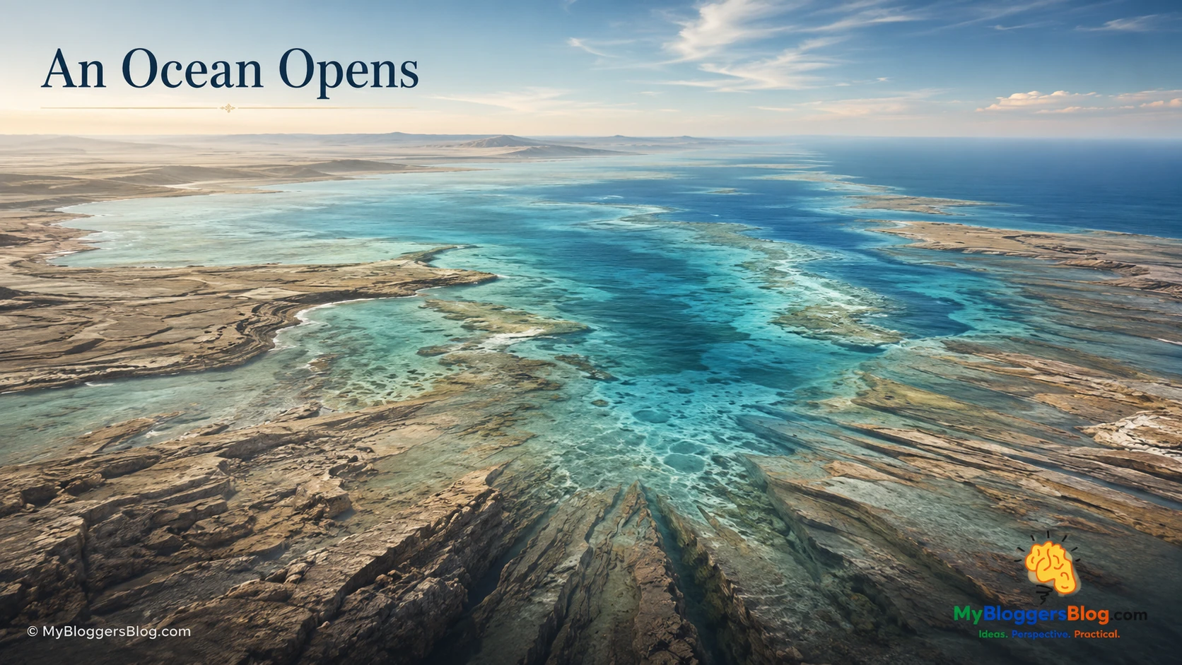 Illustrative ancient ocean spreading over broad shallow carbonate shelves and layered seabed.
