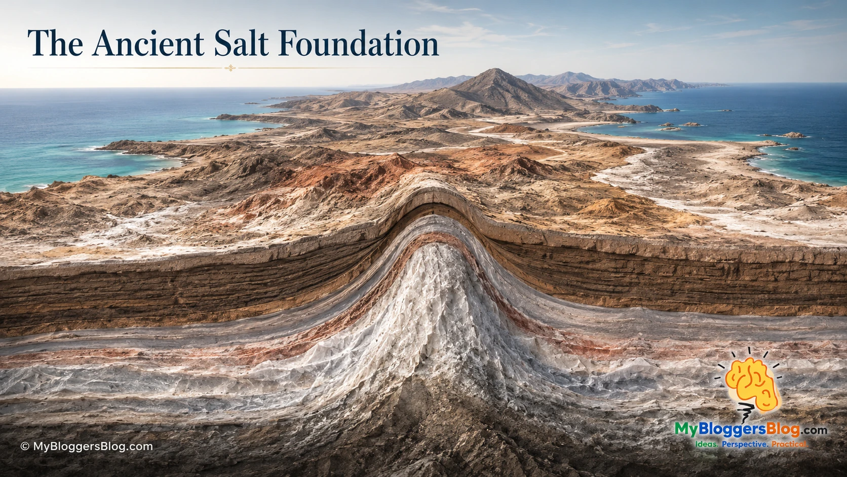 Illustrative cutaway showing an ancient salt dome rising through layered sedimentary rock beneath an arid coastal landscape.