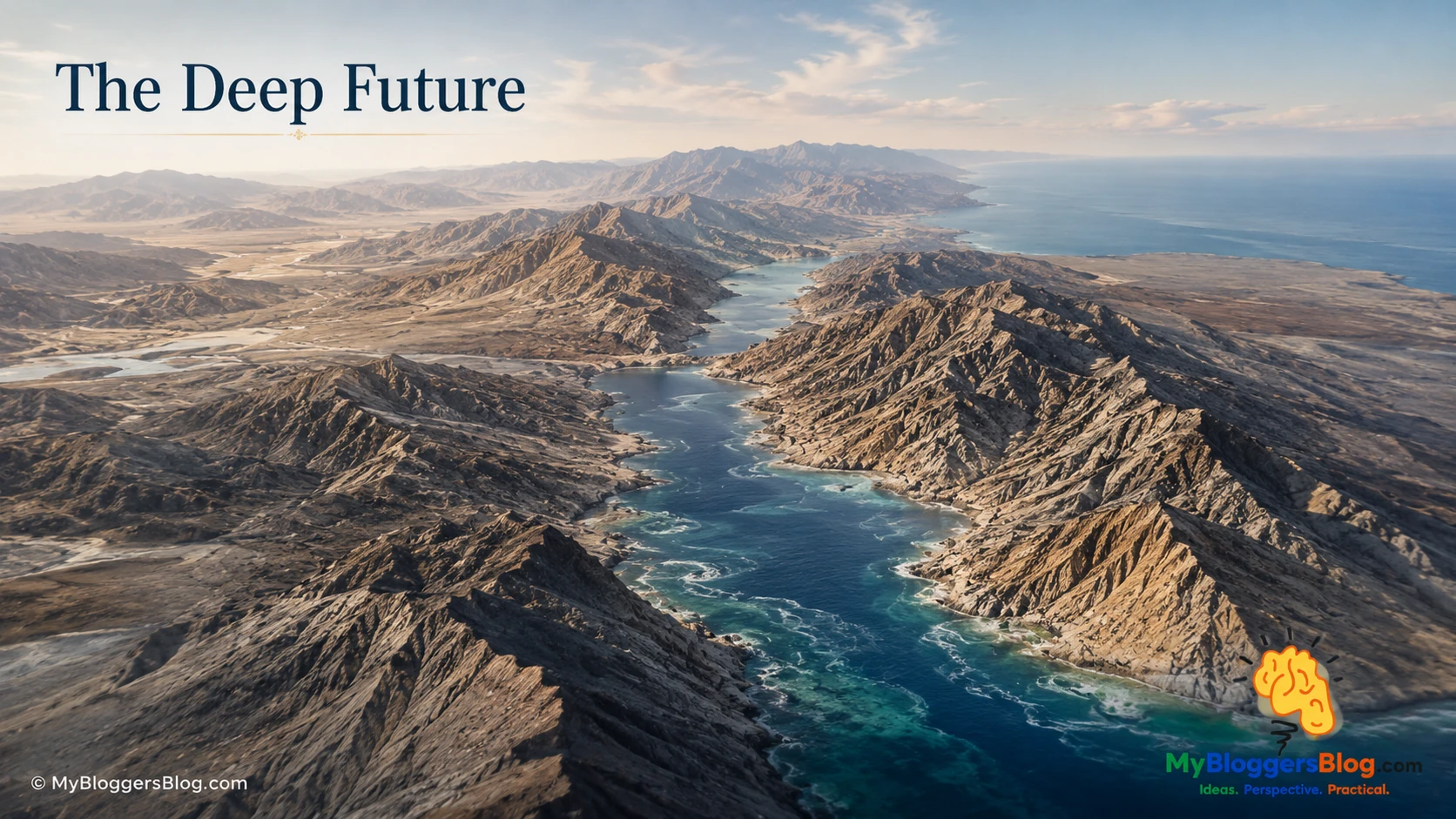 Illustrative future view of a rugged mountain-bounded strait showing changing coastlines and long-term erosion.