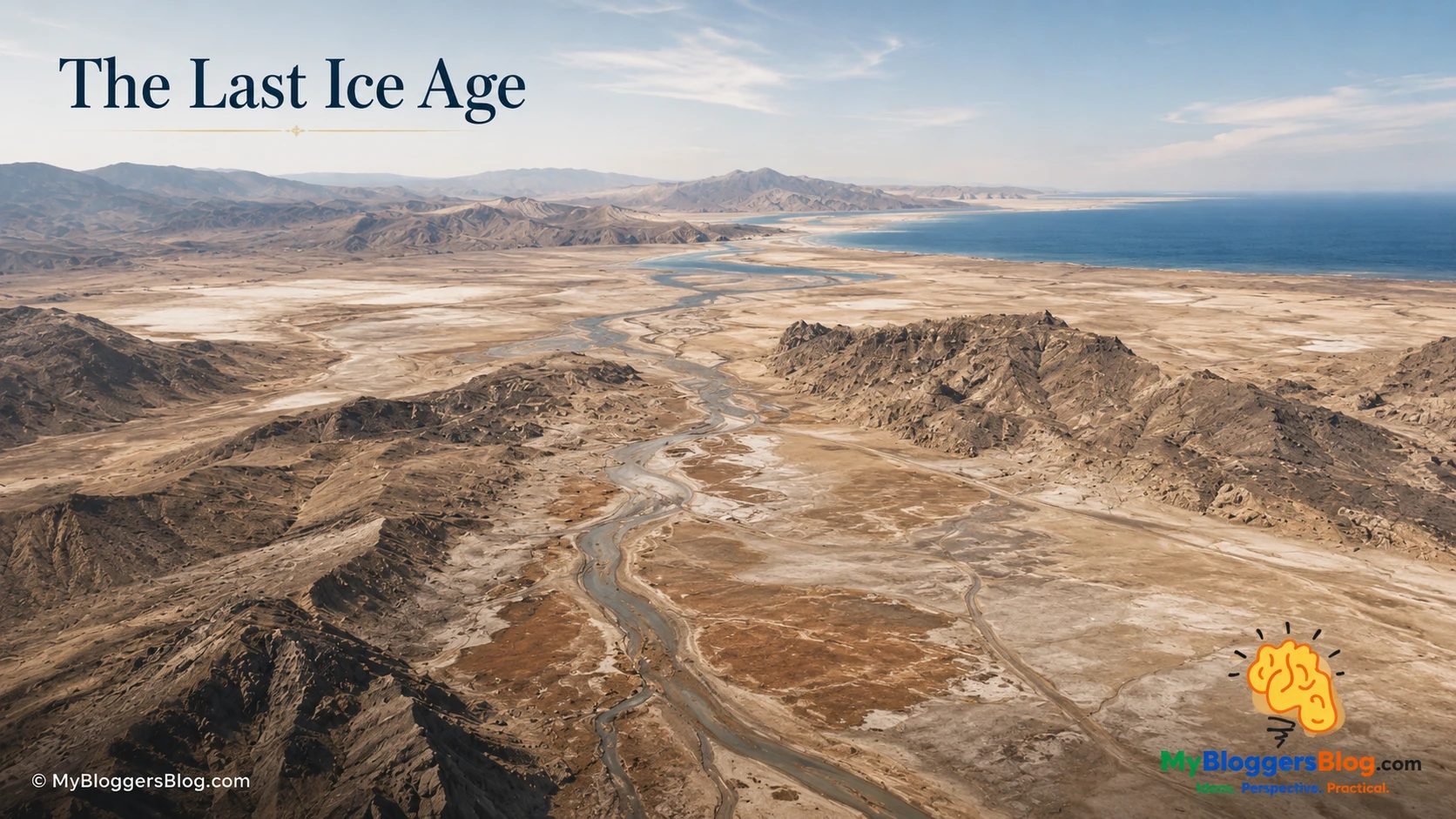 Illustrative aerial view of a dry exposed basin with river channels, sediment flats, rugged ridges, and the sea held far away.