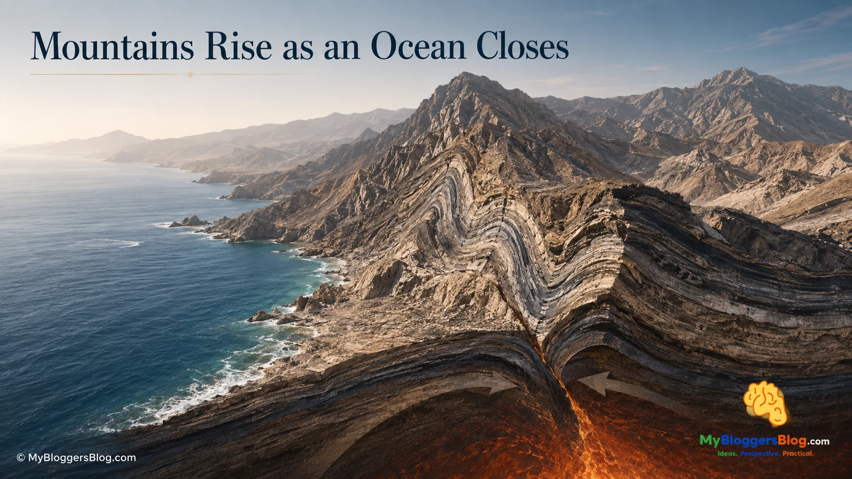 Illustrative coastal mountains with visibly folded sedimentary layers and a tectonic convergence cutaway.