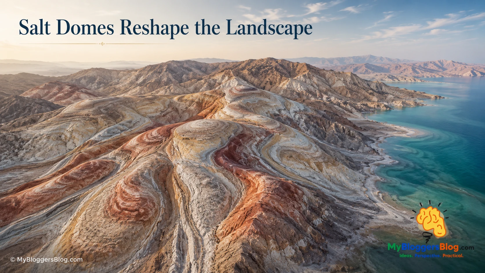 Illustrative aerial landscape of mineral-rich salt domes and layered arid hills beside turquoise coastal water.