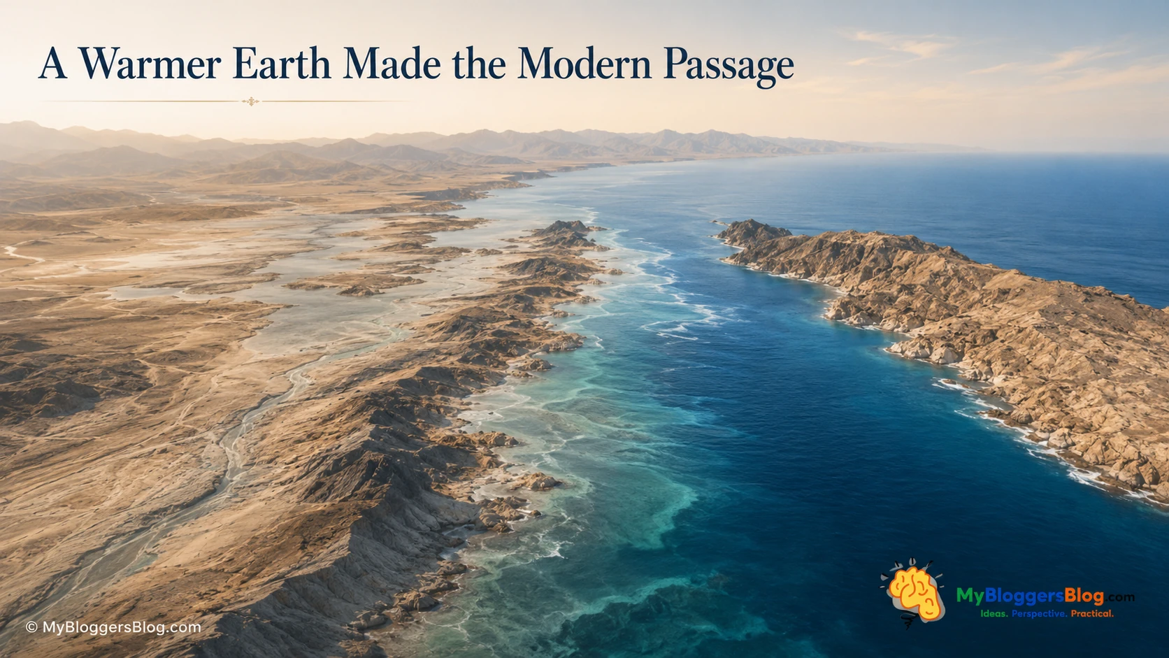 Illustrative aerial landscape where rising seawater reoccupies an arid lowland corridor to form a narrow marine passage.