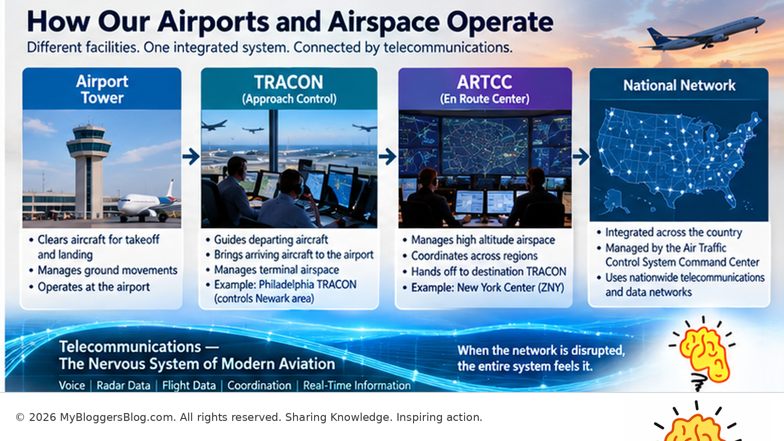 Airport tower, TRACON, ARTCC and national network infographic