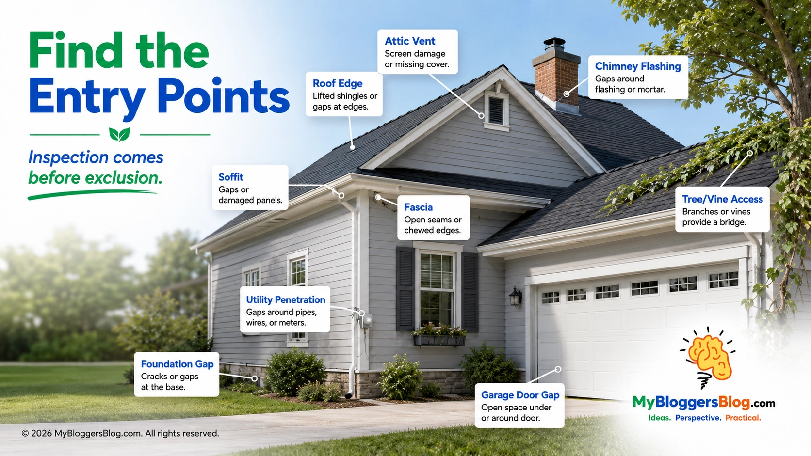 House exterior diagram showing likely rat and mouse entry points including roof edge, soffit, attic vent, chimney flashing, utility penetration, foundation gap, garage door gap, and tree or vine access