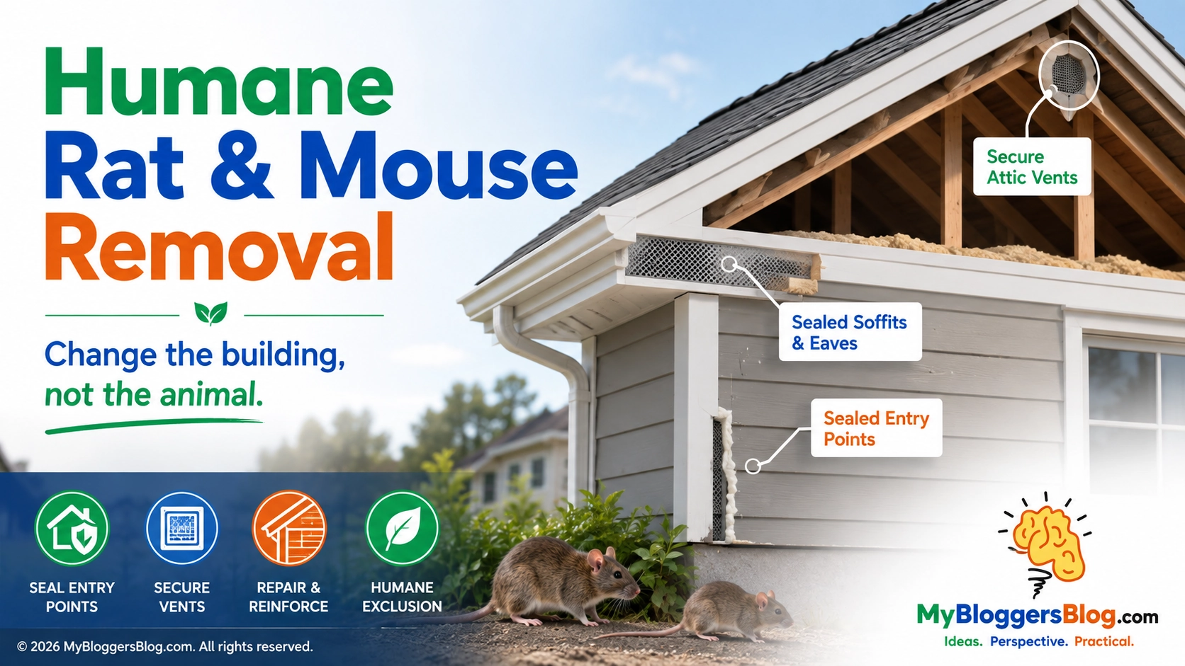 Humane rat and mouse removal guide showing a secured house and attic with the message change the building, not the animal