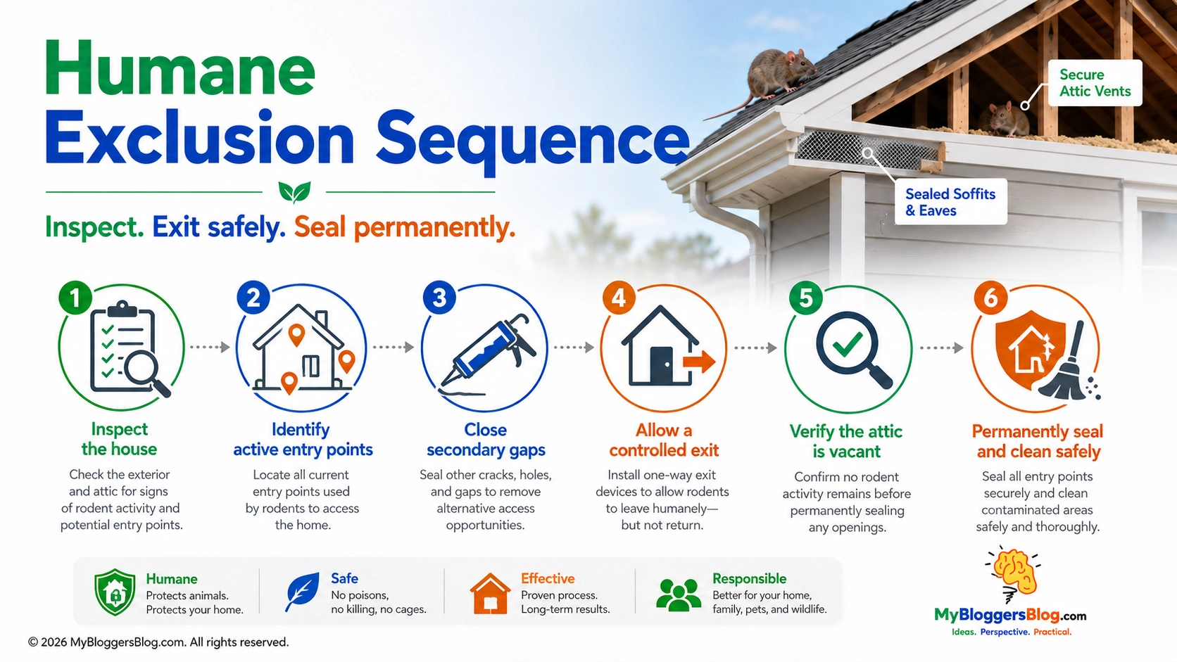 Six-step humane exclusion sequence infographic: inspect the house, identify active entry points, close secondary gaps, allow a controlled exit, verify the attic is vacant, and permanently seal and clean safely