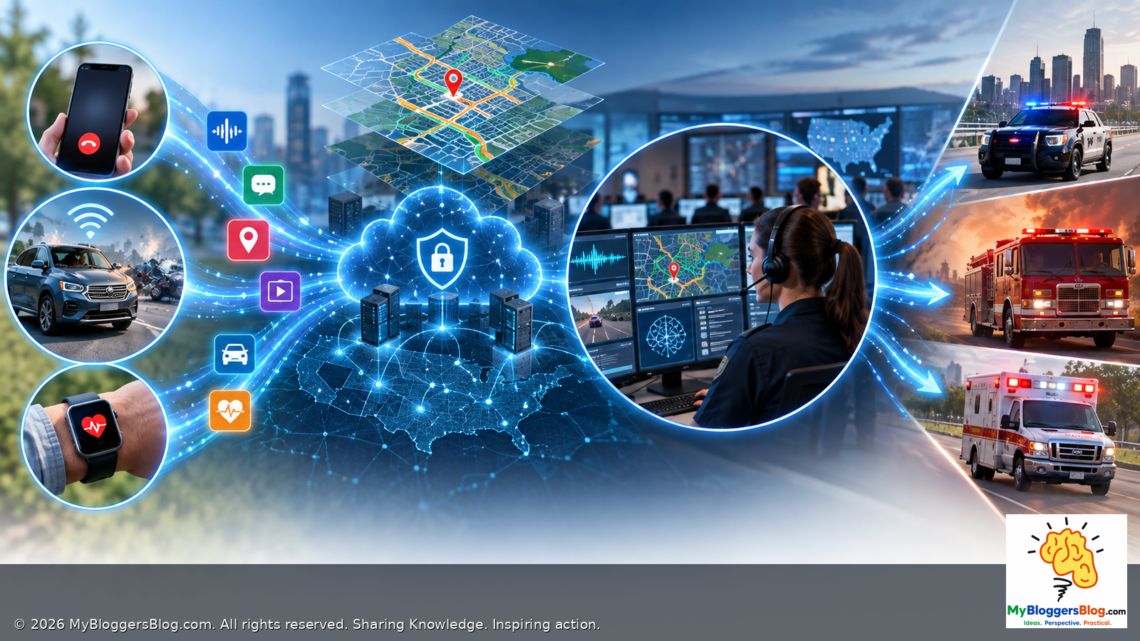 Conceptual NG911 data ecosystem showing phones, vehicles, wearables, GIS, secure IP networking, a 911 telecommunicator, police, fire and EMS