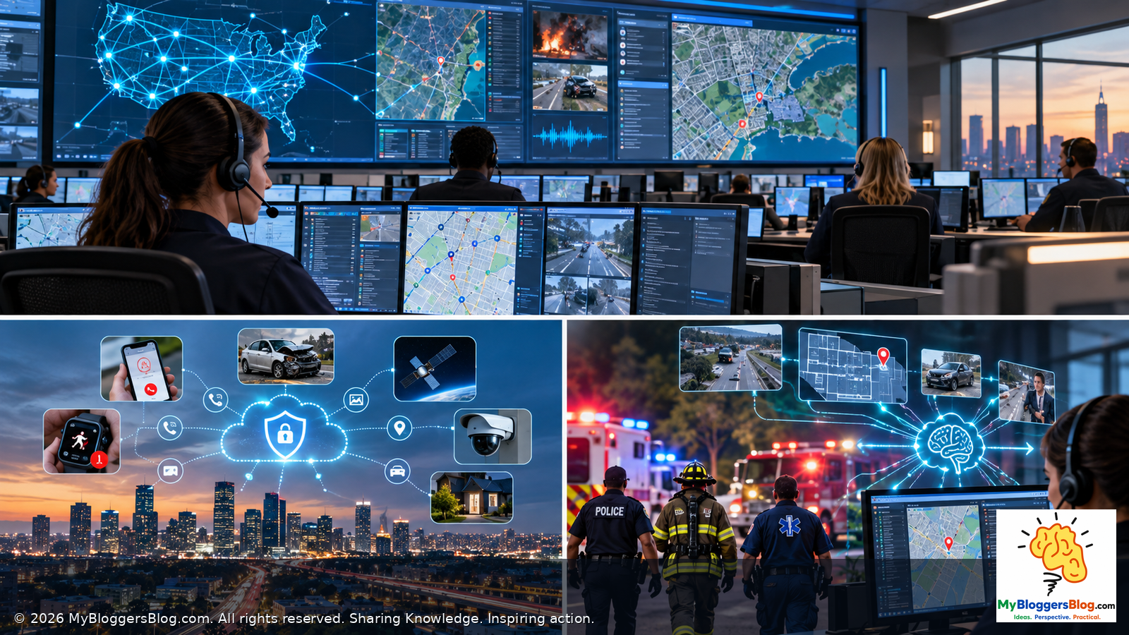 Conceptual illustration of a modern emergency communications center, connected devices, GIS maps and first responders