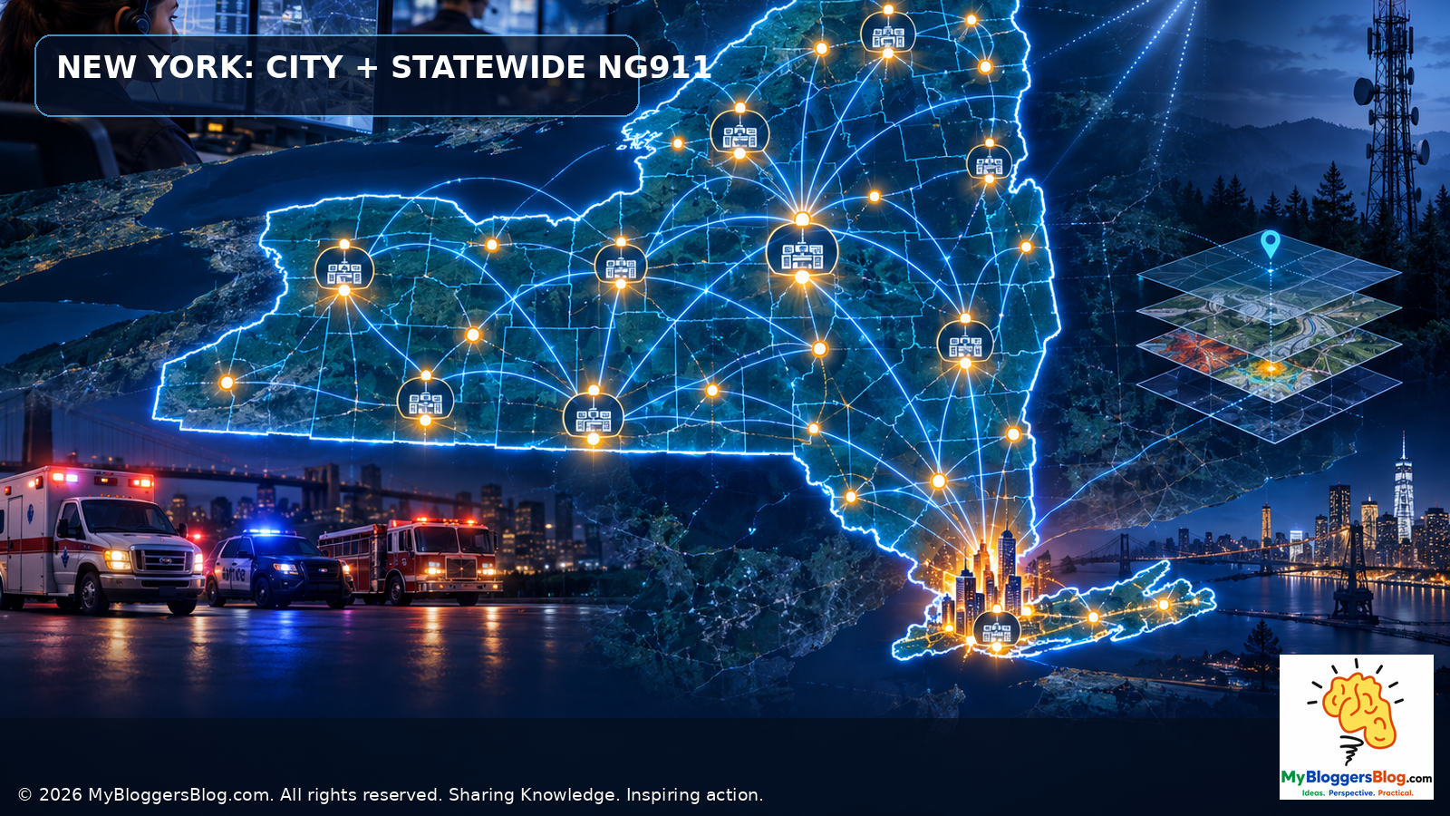 Conceptual illustration of an interconnected New York State emergency communications network with a New York City hub