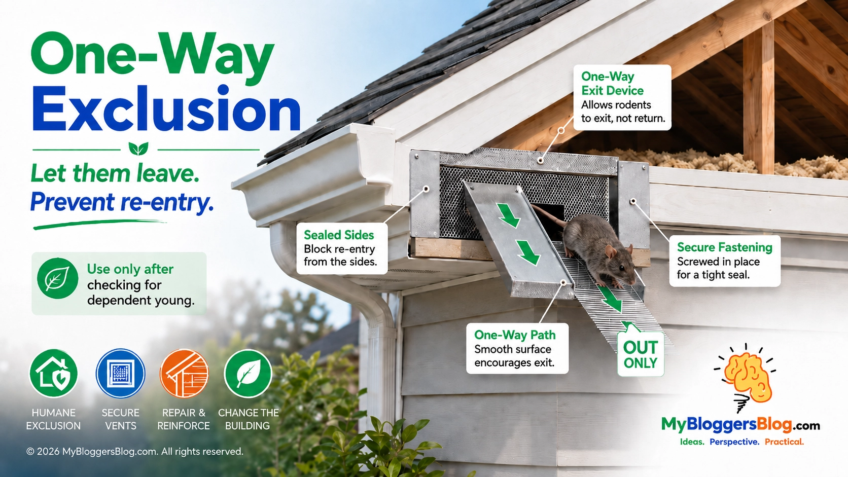 One-way rodent exclusion device mounted at an attic opening allowing rats or mice to exit but not return