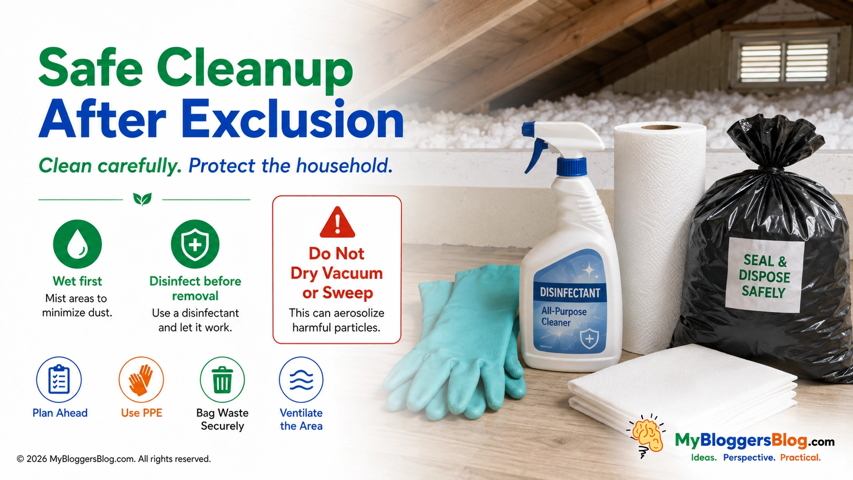 Safe cleanup after exclusion infographic showing disinfectant, gloves, paper towels, waste bag, and warning not to dry vacuum or sweep
