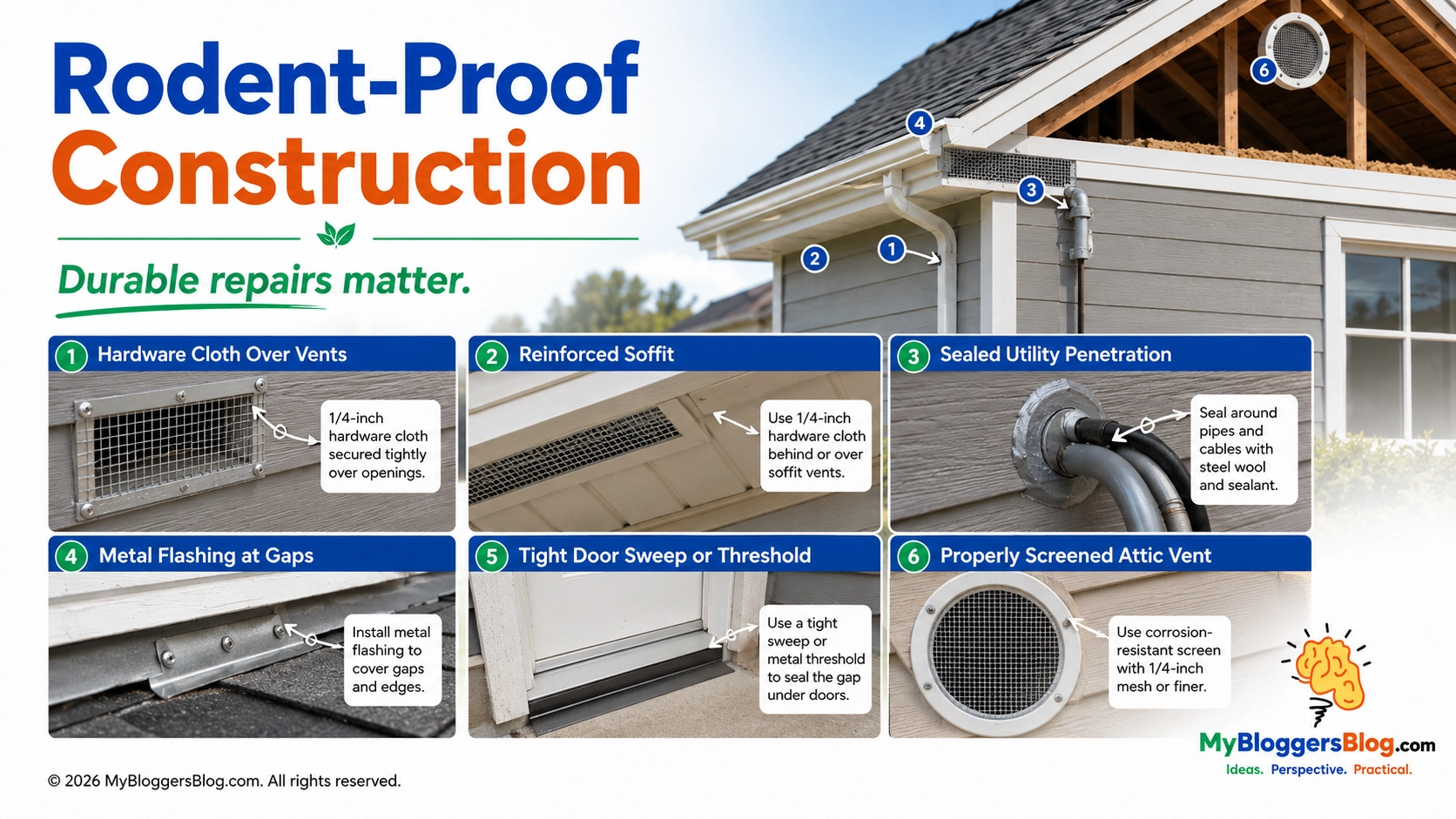 Rodent-proof building details infographic showing hardware cloth over vents, reinforced soffit, sealed utility penetrations, metal flashing at gaps, tight door sweep or threshold, and properly screened attic vent