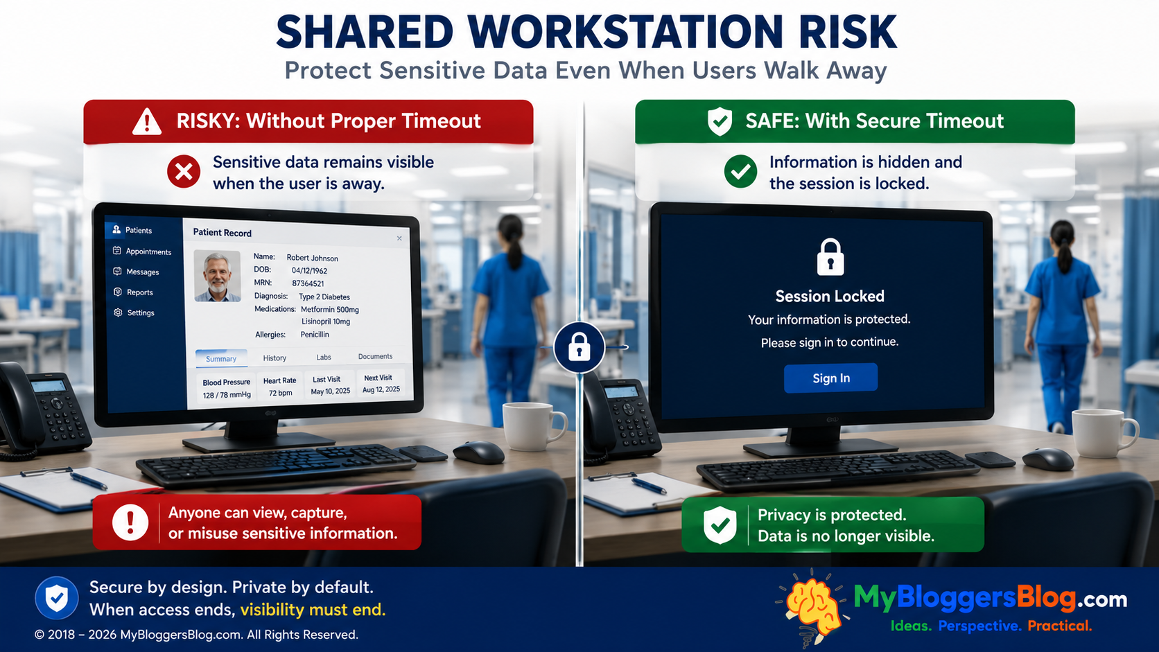 Shared workstation risk showing a sensitive patient record left visible compared with a securely locked screen