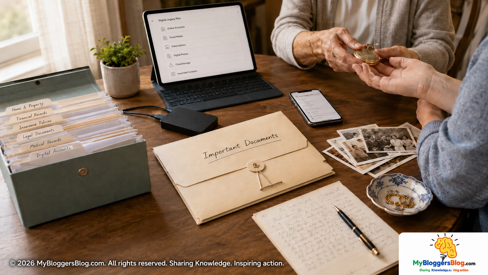 Organized important documents, digital legacy records, family photographs and an heirloom being passed from one generation to another