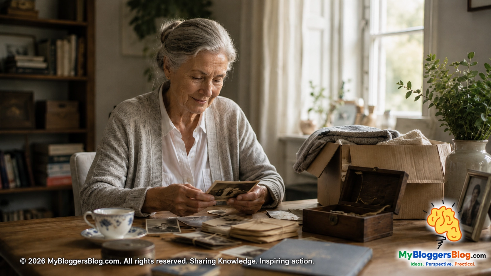 An older woman thoughtfully reviewing family photographs and keepsakes while organizing a lifetime of possessions