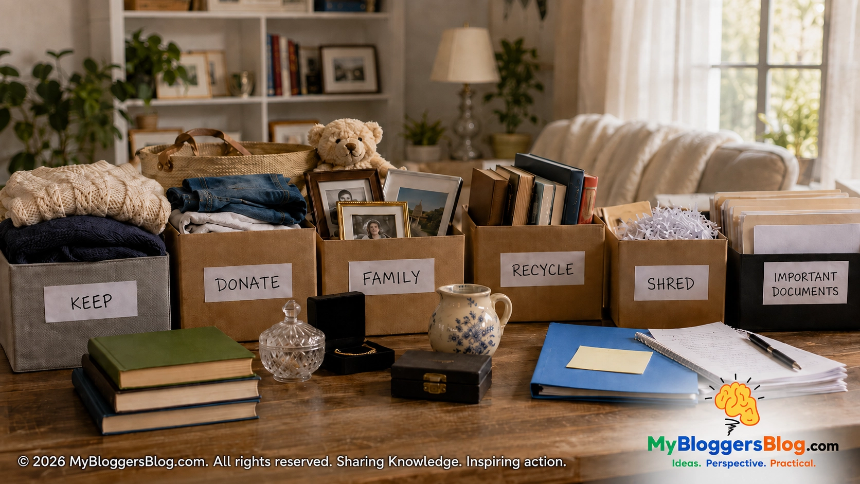 A practical Swedish Death Cleaning sorting system with boxes for keeping, donating, family items, recycling, shredding and important documents