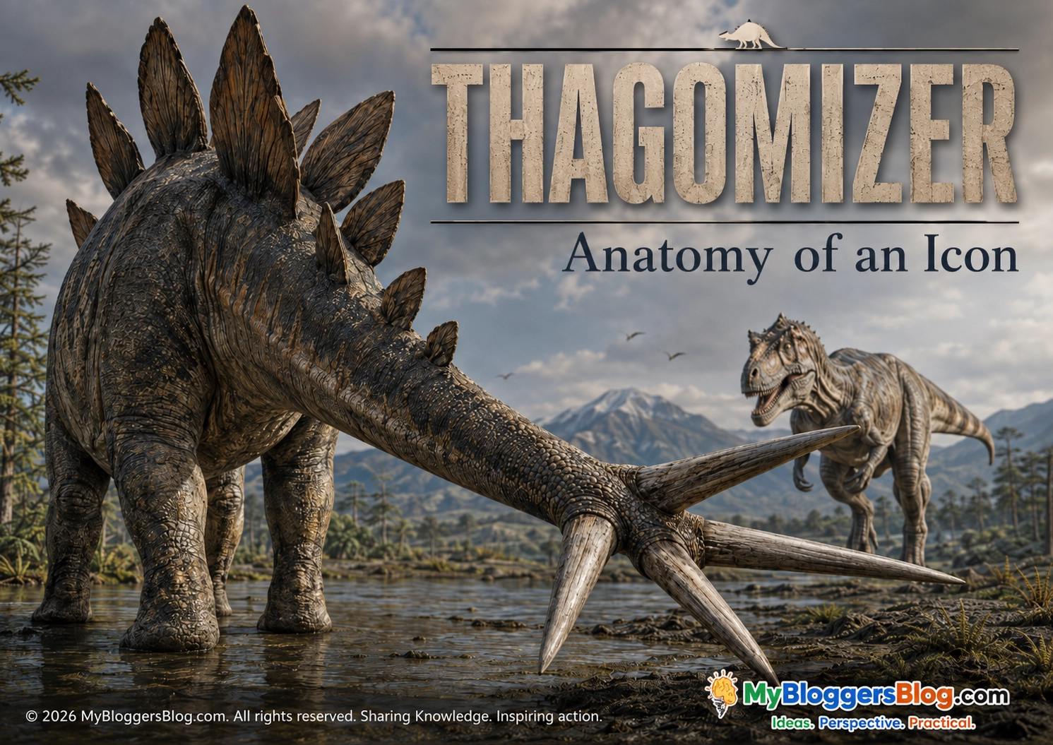 Stegosaurus presenting its four-spiked tail toward an approaching theropod in a Late Jurassic landscape