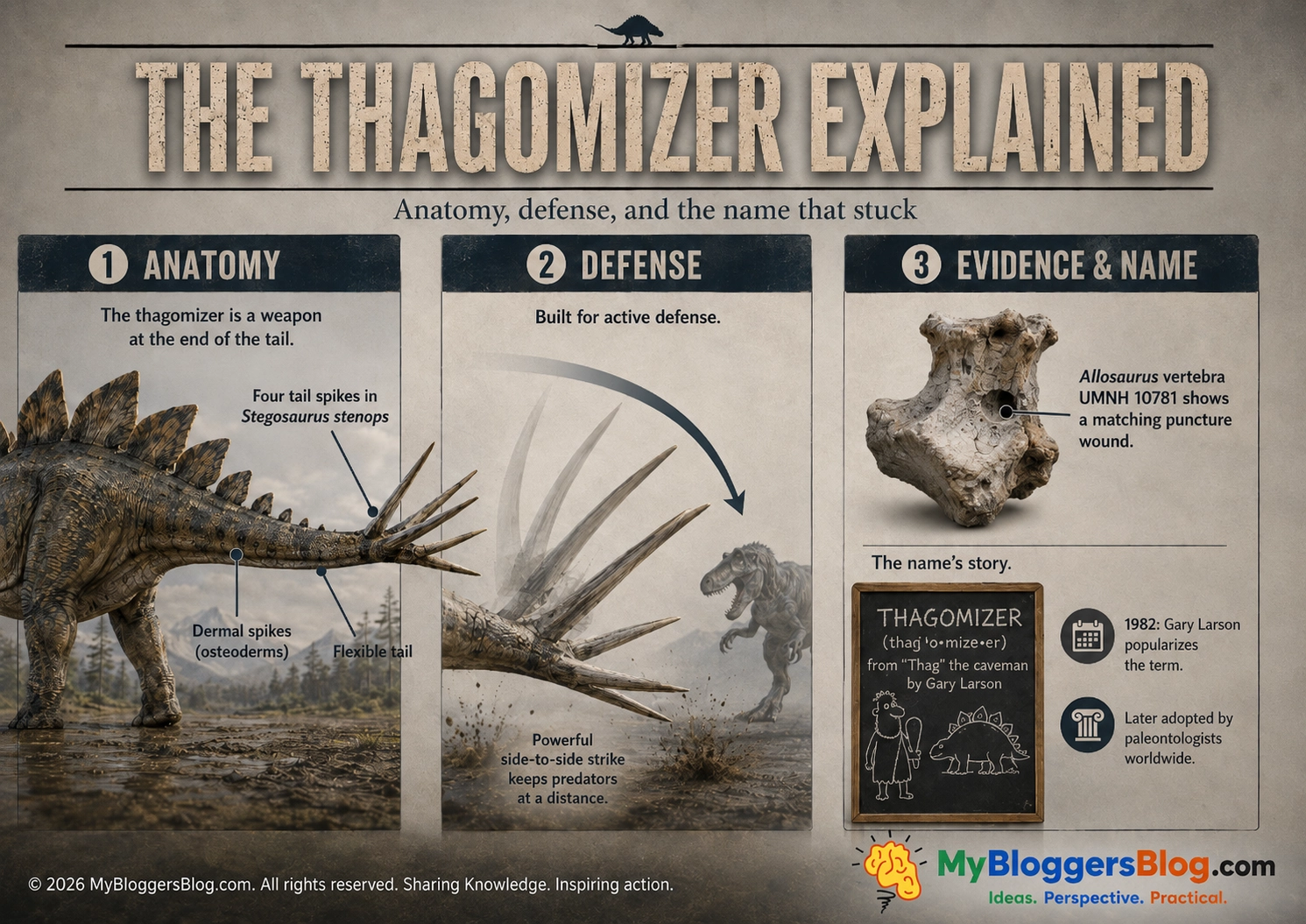 Illustrated thagomizer infographic showing Stegosaurus tail-spike anatomy, defensive swing, fossil injury evidence, and the history of the name